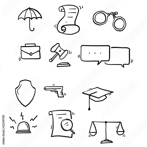 hand drawn Law and justice line icons set vector illustration. Contains such icon as arrest, authority, courthouse, gavel, legal, weapon and more. doodle style