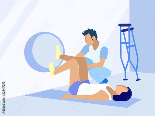 Injured Legs Recovery on Fitball Medical Program. Physiotherapeutic Exercise and Workout. Man Physiotherapist Working with Woman. Rehabilitation Course. Vector Flat Cartoon Illustration