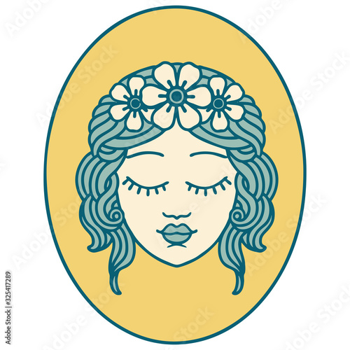 tattoo style icon of a maiden with eyes closed