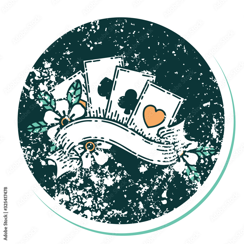 distressed sticker tattoo style icon of cards and banner distressed sticker tattoo style icon of cards and banner