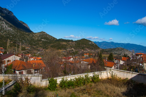 View of Agoriani or Eptalofos village, a winter destination near Parnassos mountain in Greece