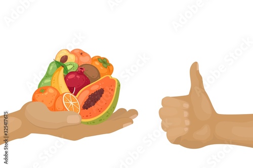 Hand giving exotic ripe fruits and hand holding thumb up for vegeterians vector illustration. Fruit in handful on white background. Healthy food, diet, vegeterian, vitamin and nature concept.