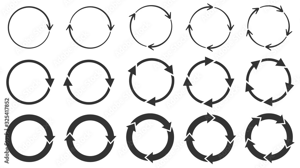Circle arrows. Round reload or repeat icon, rotate arrow and spinning loading symbol. Circle pointer vector set. Circular rotation loading elements, redo process isolated black pictograms