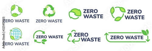 Zero waste labels. Green eco friendly label, reduce waste and recycle icon with plant leaves vector set. No plastic ecological protection logo with green recycling arrows signs