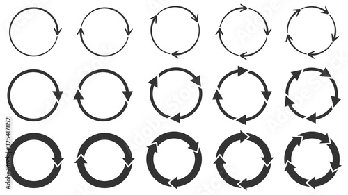 Circle arrows. Round reload or repeat icon, rotate arrow and spinning loading symbol. Circle pointer vector set. Circular rotation loading elements, redo process isolated black pictograms photo