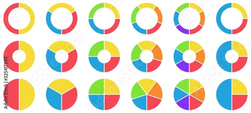 Colorful pie and donut charts. Circle chart, circle sections and round donuts chart pieces. Business infographic vector set. Piechart information template for business workflow and annual reports photo