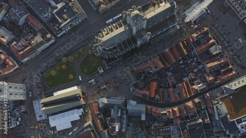 Ghent Belgium Aerial v8 Vertical view flying over downtown and canal neighborhood shops area - November 2019 photo