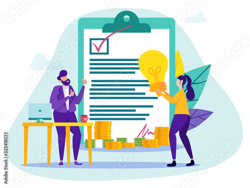 Development Profitable Contract Purchase Housing. Woman with Coin in Hand. Movement Towards Goal. Credit Project. Vector Illustration. Favorable Conditions for Lending. Bank Worker. Broker and Client.