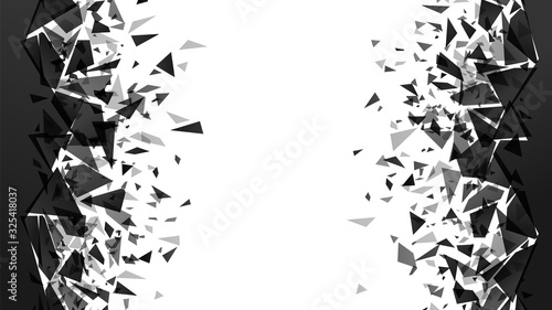 Abstract shatter destruction background. Broken debris pieces, black triangles walls destruction and shattered wall explosion vector background. black particles decoration texture photo
