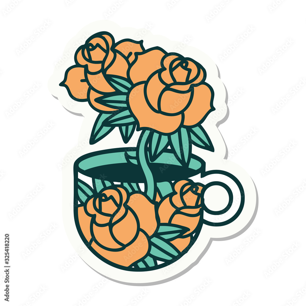 tattoo style sticker of a cup and flowers tattoo style sticker of a cup and flowers