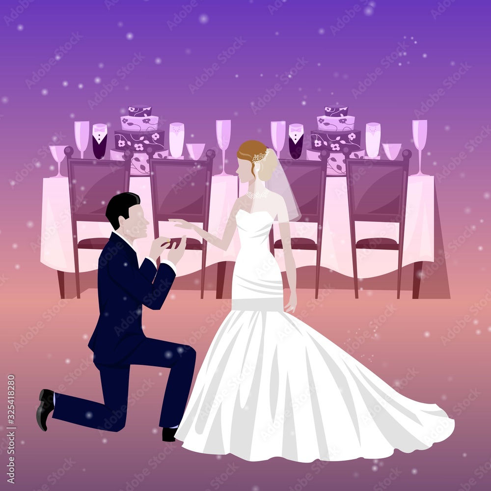 Wedding couple in restaurant with newly married weds bride and bridegroom background cartoon vector illustration. Wedding couple man and woman poster or invitation card.
