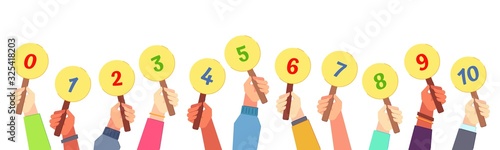 Scorecard in hand. Contest judge hold in hands voting card, voting numbers and scare cards vector illustration. Competition judging process, customer review feedback concept