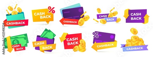 Cashback label. Money refund badges, cash back deal and return coins from purchases and payment vector labels set. shopping discount promotion stickers with golden coins, wallet and percent sign