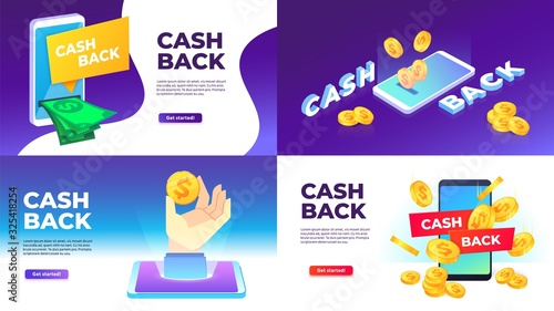 Mobile cashback banner. Golden coins spend back, buying with cashback and reward to wallet vector illustration set. Get online shopping discount with smartphone flyers, rebate concept