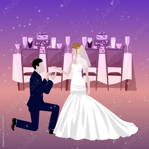 Wedding couple in restaurant with newly married weds bride and bridegroom background cartoon vector illustration. Wedding couple man and woman poster or invitation card.