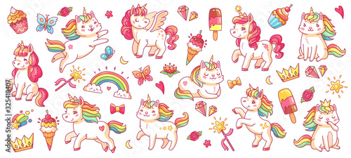 Cute pony and cat unicorns. baby rainbow pegasus and caticorn  diamond and crown  butterfly and magic wand isolated cartoon vector characters set for kids book