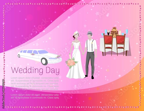 Wedding day banner with newly married weds bride and bridegroom, car and restaurant ceremony background vector illustration. Wedding day for married couple banner.