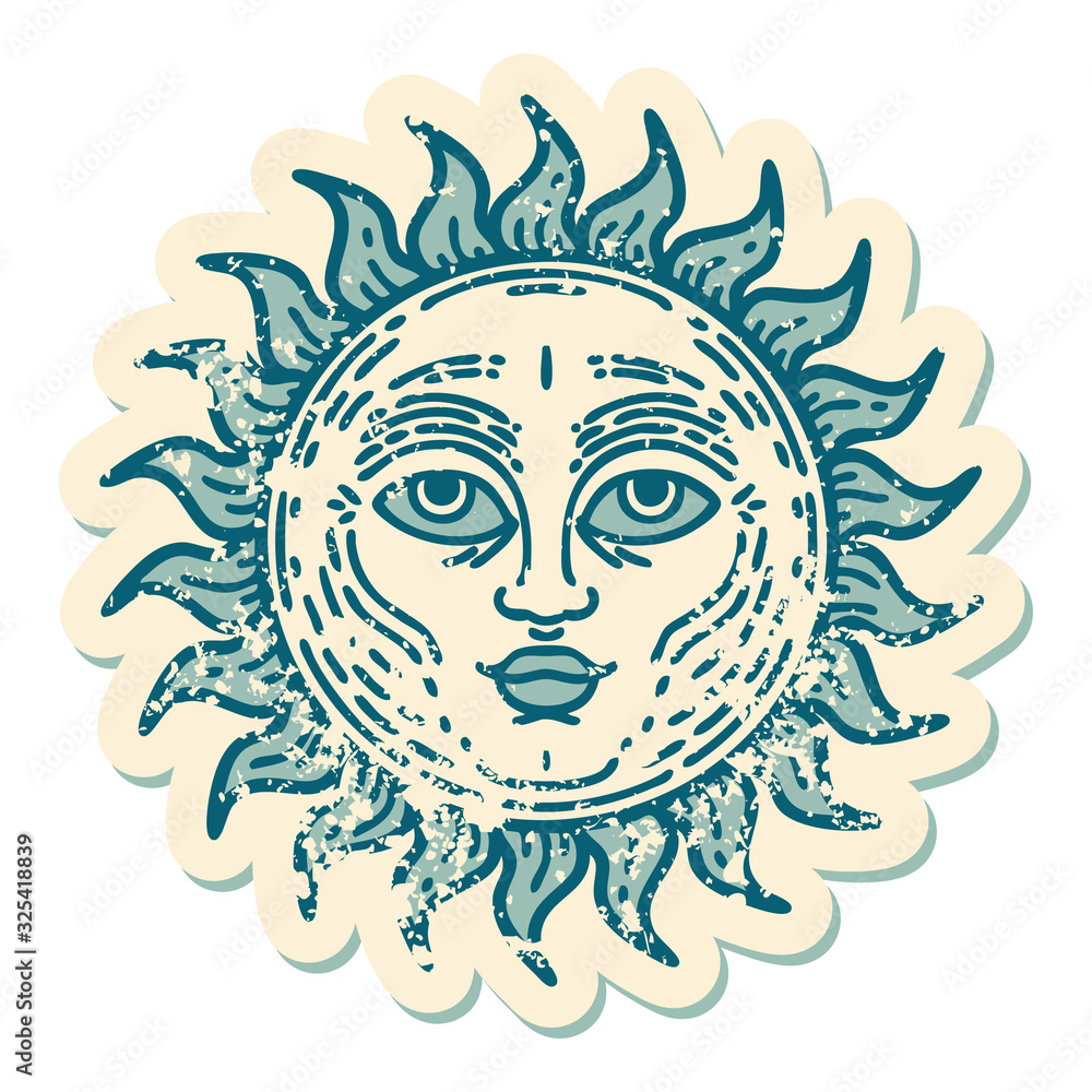 distressed sticker tattoo style icon of a sun with face distressed sticker tattoo style icon of a sun with face