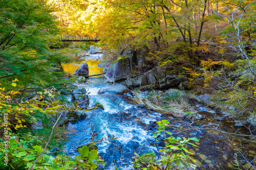 Japan. Kofu. Mountain river in Kofu canyon. Gorge in Kofu. Bridge over the mountain river. Natural attractions of Japan. Autumn in Japan. Autumn landscape. Sunny autumn day in nature. photo