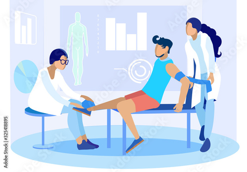 Doctors Help Patient in Case of Injury. Cartoon People Characters and Emergency Treatment Procedures. Applying Tourniquet on Arm, Putting Ice to Bruised Area on Foot. First Aid. Vector Illustration