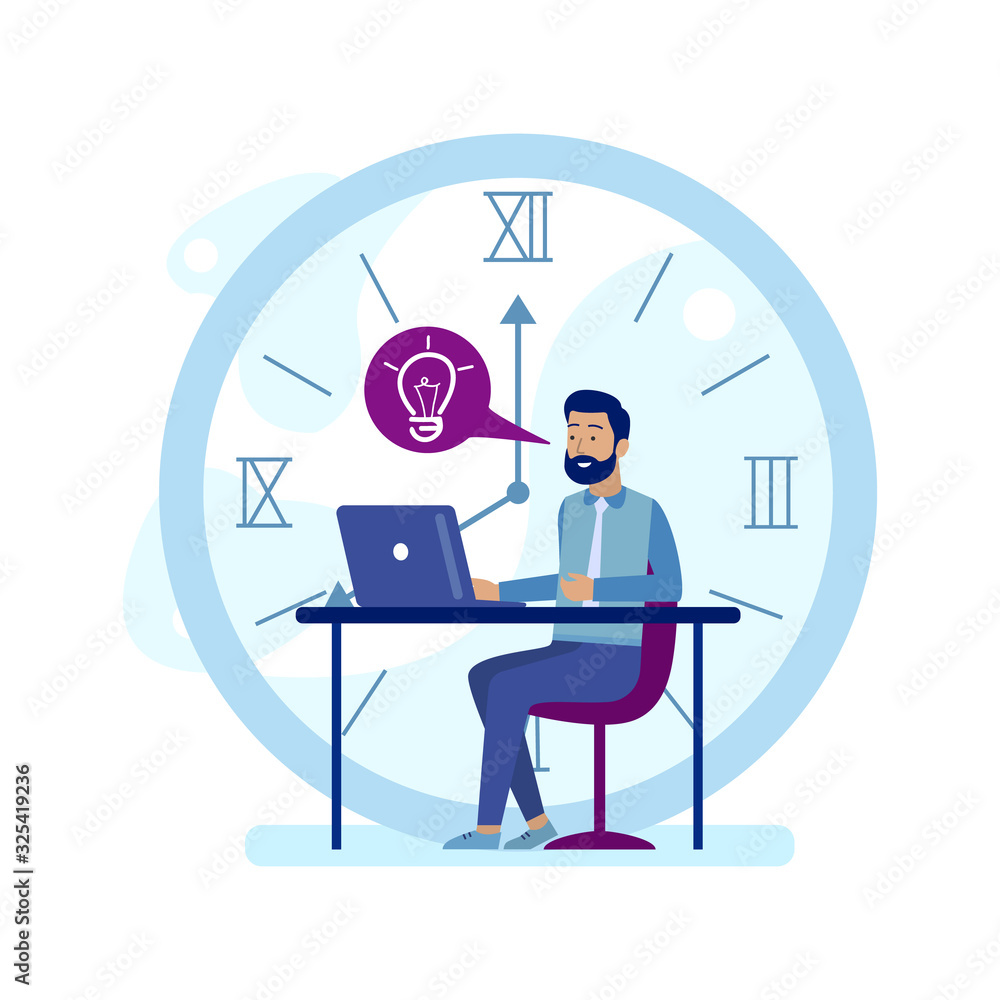 Cartoon Bearded Man Character Working on Laptop and Having Idea. Worker Sitting at Table with Huge Clock behind Back. Time Management, Plan Schedule, Deadline. Productivity. Vector Flat Illustration