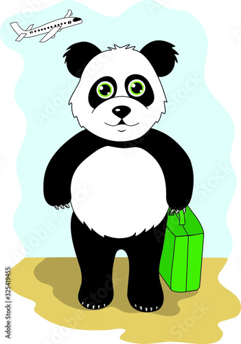 Fototapeta Naklejka Na Ścianę i Meble -  Vector illustration. A panda with a green suitcase goes on vacation. June.