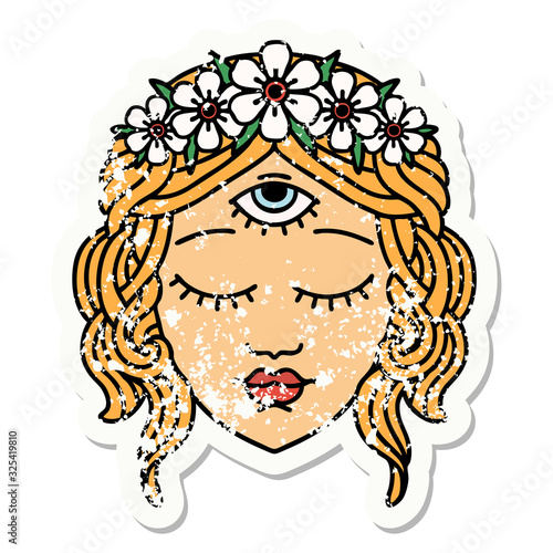 traditional distressed sticker tattoo of female face