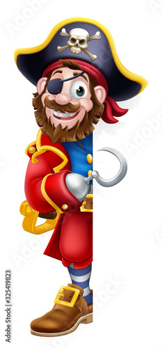 A pirate captain cartoon character peeking around a sign background and pointing at it with his hook