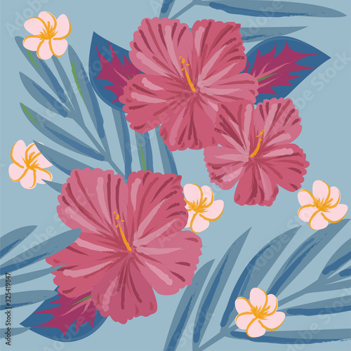 Tropical flowers seamless pattern vector. Hibiscus and palm leaves. Editable colors. Watercolor style.