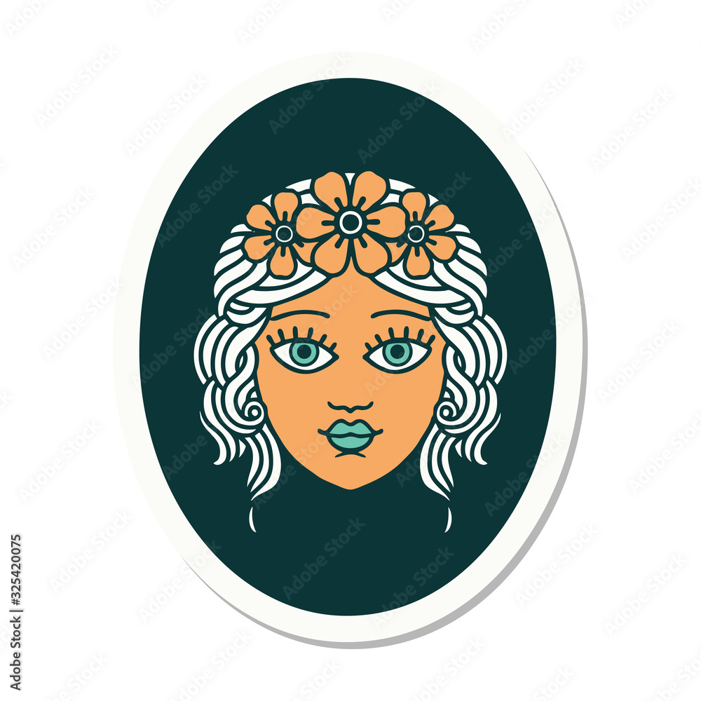 tattoo style sticker of a maiden with crown of flowers tattoo style sticker of a maiden with crown of flowers