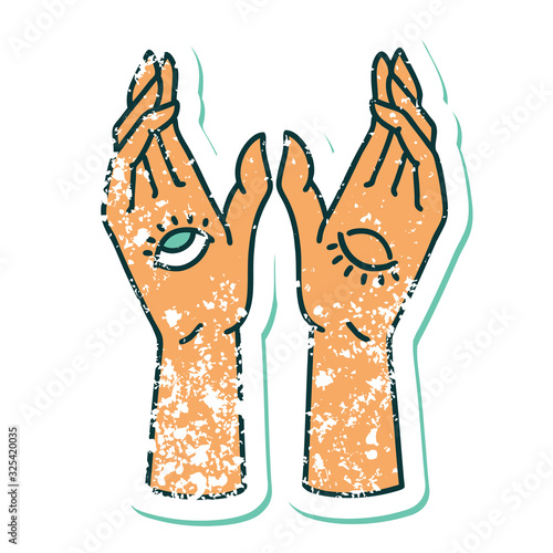 distressed sticker tattoo style icon of mystic hands