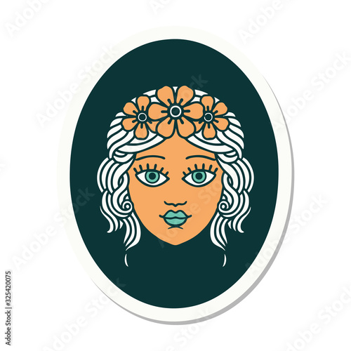 tattoo style sticker of a maiden with crown of flowers