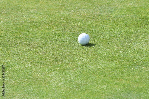a white golf ball sitting on the perfect green grass of the golf course
