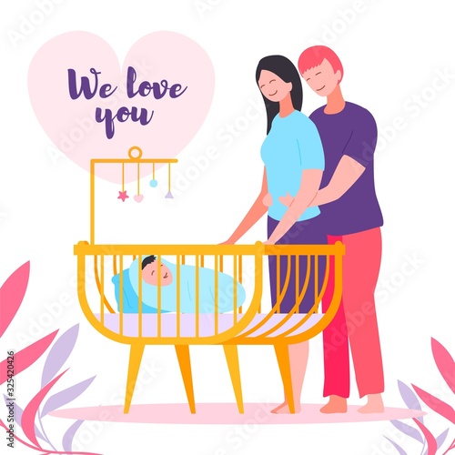 Happy Parenthood, Mother, Father, Bed Newborn Baby. Smiling Couple Standing Together, Husband Hugs Woman, Wife. Baby Boy, Crib Mobile, Foliage. Vector Flat Illustration Love, Family Relationships