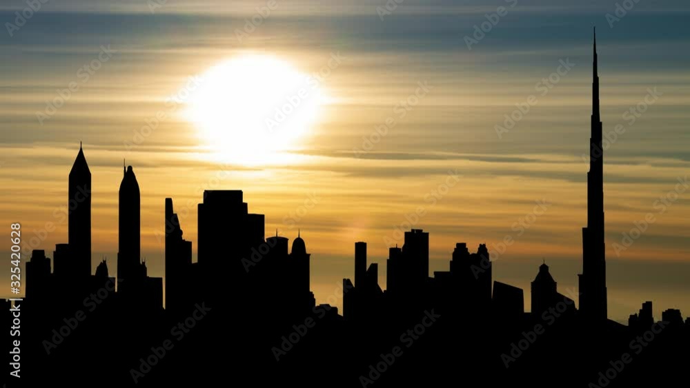Timelapse Of Dubai Skyline in Silhouette at Sunset, United Arab Emirates Timelapse Of Dubai Skyline in Silhouette at Sunset, United Arab Emirates