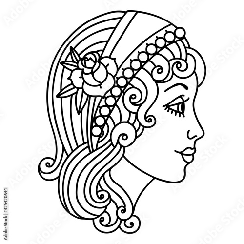 black line tattoo of a gypsy head