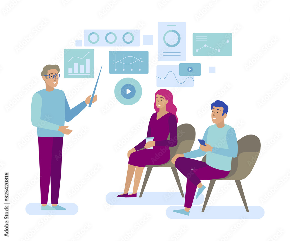 Man Reports Project Results to Employees Showing Analytic Data on Interactive Whiteboard. Cartoon Male Executive Manager and Colleagues Having Conference. Coworking Space. Vector Flat Illustration Man Reports Project Results to Employees Showing Analytic Data on Interactive Whiteboard. Cartoon Male Executive Manager and Colleagues Having Conference. Coworking Space. Vector Flat Illustration