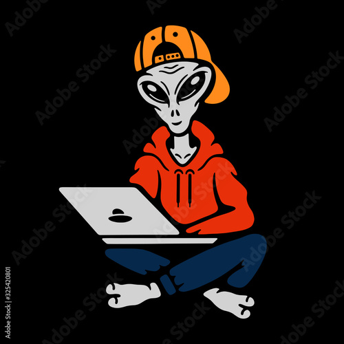 Color alien in the cap on black background