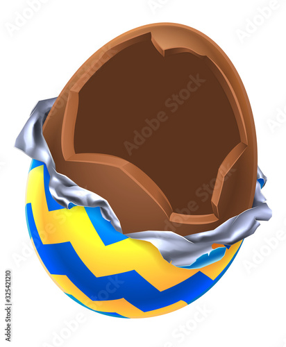 An illustration of a cartoon broken open chocolate Easter egg