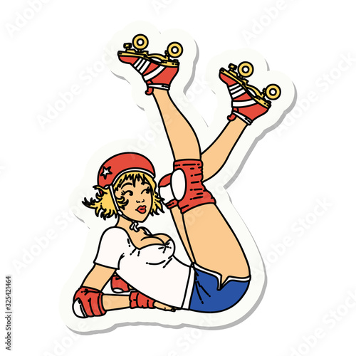 Print op canvas tattoo style sticker of a pinup roller derby girl