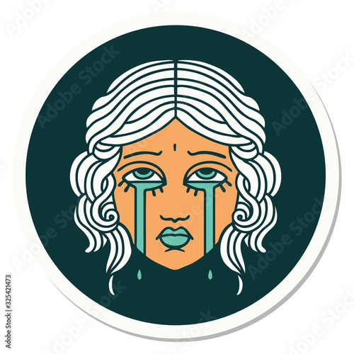 tattoo style sticker of female face crying