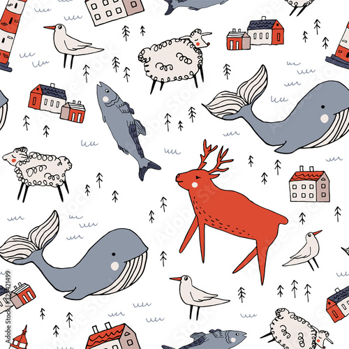 Norway seamless pattern. Vintage hand drawn vector illustration of Nordic cute animals in doodle style. Ornate Scandinavian elements set with trees and little houses