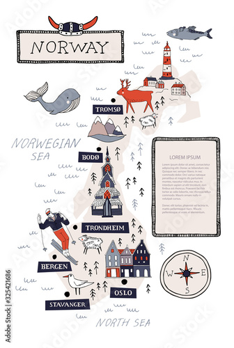 Cartoon Norway vector map. Travel Scandinavia concept. Nordic culture elements and landmarks set. Lighthouse, flora and fauna, church, skiing, scandinavian house. Hand drawn doodle style illustration.