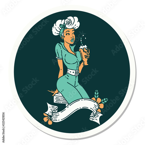 tattoo style sticker of a pinup girl drinking a milkshake with banner