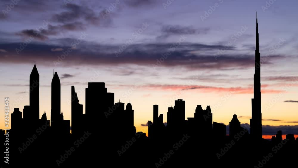 Dubai Cityscape: Time Lapse at Twilight with Colourful Sky, United Arab Emirates Dubai Cityscape: Time Lapse at Twilight with Colourful Sky, United Arab Emirates