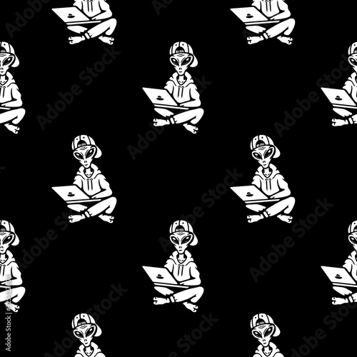 Alien in the cap seamless pattern on black background