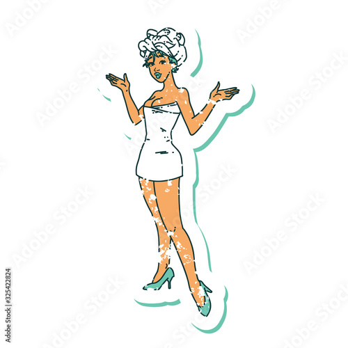 distressed sticker tattoo style icon of a pinup girl in towels