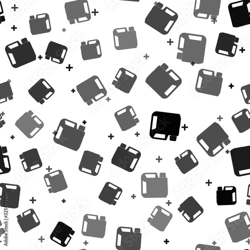Black Plastic canister for motor machine oil icon isolated seamless pattern on white background. Oil gallon. Oil change service and repair. Engine oil sign. Vector Illustration