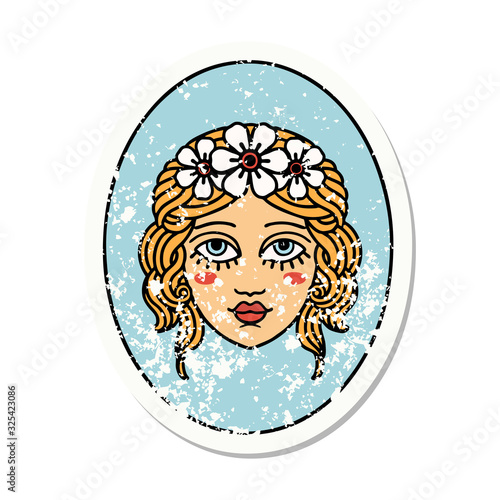 traditional distressed sticker tattoo of a maiden