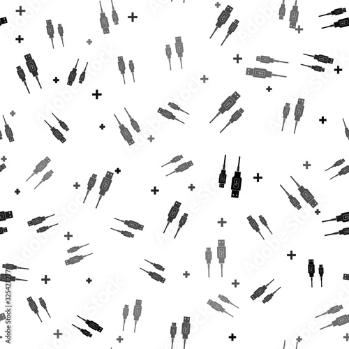 Black USB Micro cables icon seamless pattern on white background. Connectors and sockets for PC and mobile devices. Computer peripherals connector or smartphone recharge supply. Vector Illustration